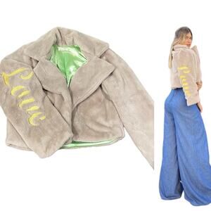 Beige Plush Faux Fur Crop Jacket size M Salgunamu Brazil Vegan Teddy Bear